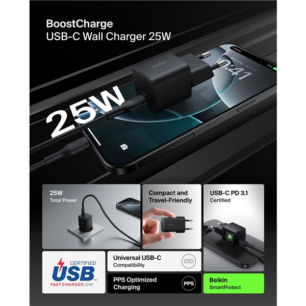 Belkin BOOST Charge 25W USB-C caricabatt. PD nero WCA012kqBK