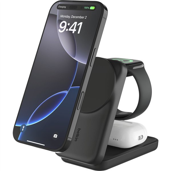 Belkin UltraCharge 25W Qi2 magn. 3-in-1 Lad.klappb.sw. WIZ036kqBK