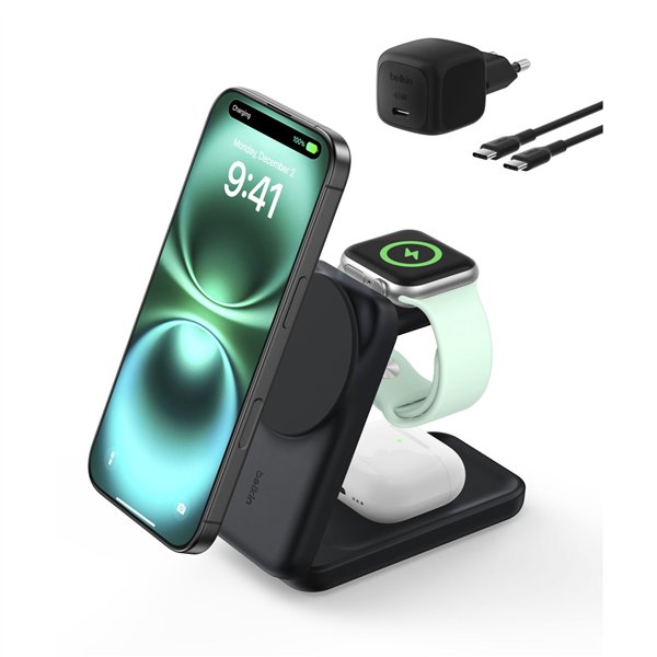 Belkin UltraCharge 25W Qi2 magn. 3-in-1 Lad.klappb.sw. WIZ036kqBK