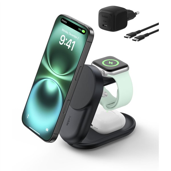 Belkin UltraCharge 25W Qi2 magn. 3-in-1 Lad.klappb.sw. WIZ037kqBK