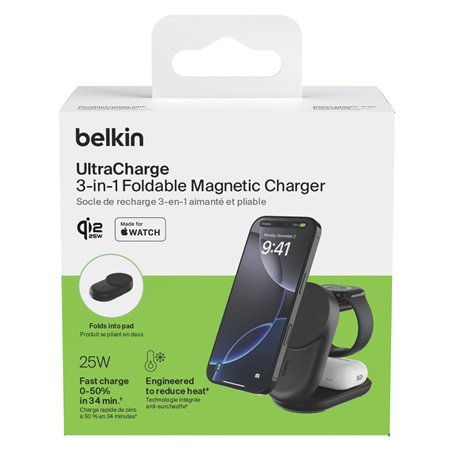Belkin UltraCharge 25W Qi2 magn. 3-in-1 Lad.klappb.sw. WIZ037kqBK