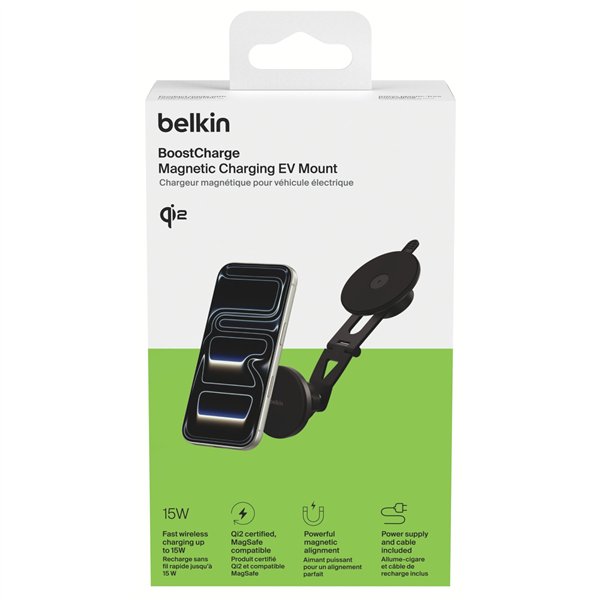 Belkin Magn.kabelloses Kfz-Lade- gerät Qi2 m.Halterung WIC013hqBK