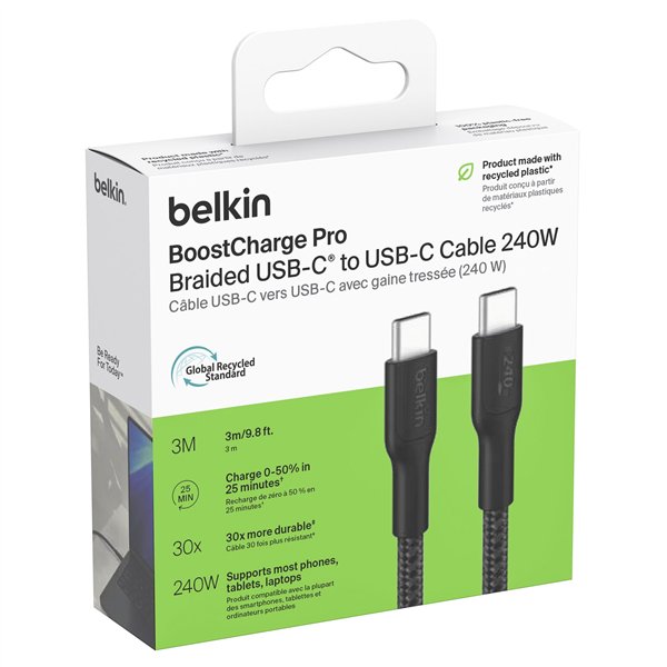 Belkin USB-C/USB-c Kabel 240W 3m geflochten, schwarz CAB025hq3MBK