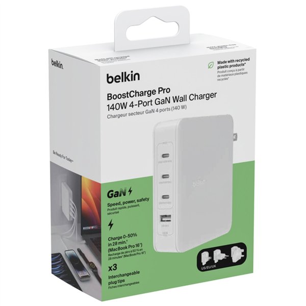 Belkin BOOST Charge 140W 4-Port GaN, 3xUSB-C 1xUSB-A  WCH014btWH