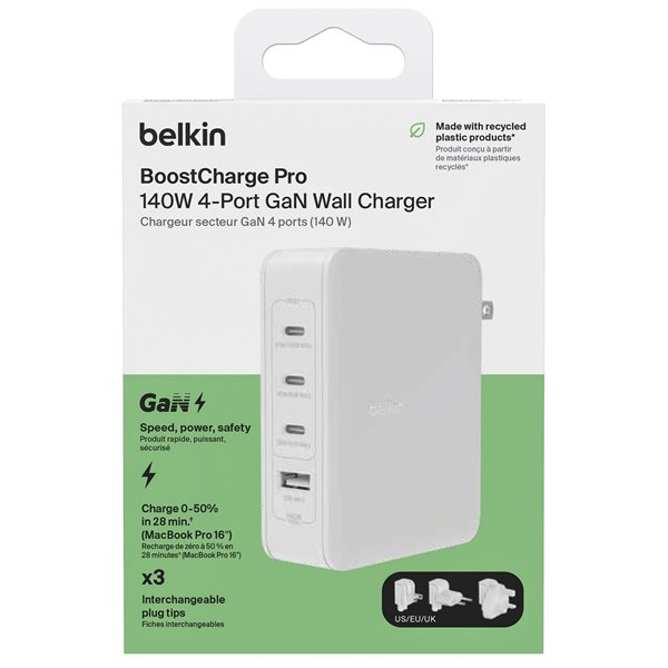 Belkin BOOST Charge 140W 4-Port GaN, 3xUSB-C 1xUSB-A  WCH014btWH