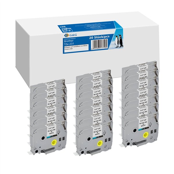 20x G&G nastro 12mm x 8m ne. bi. comp. c. Brother TZe-231