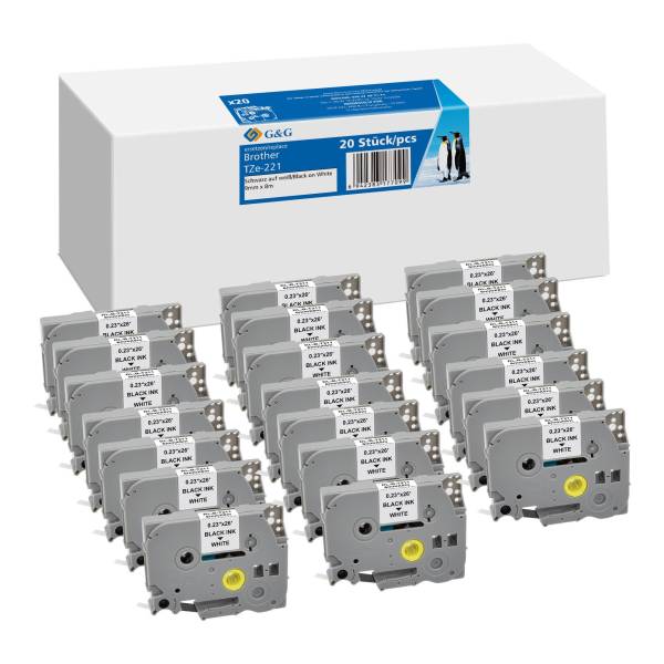 20x G&G nastro 9mm x 8m ne- bi. comp. c. Brother TZe-221