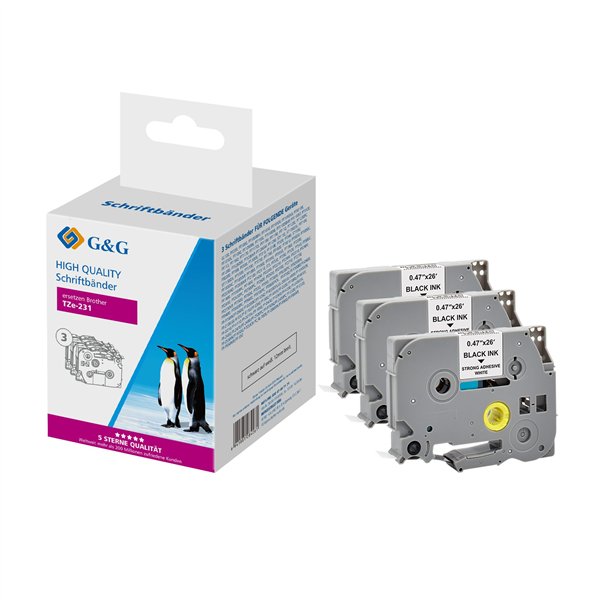 3x G&G nastro 12mm x 8m ne-bi. comp. c. Brother TZe-231