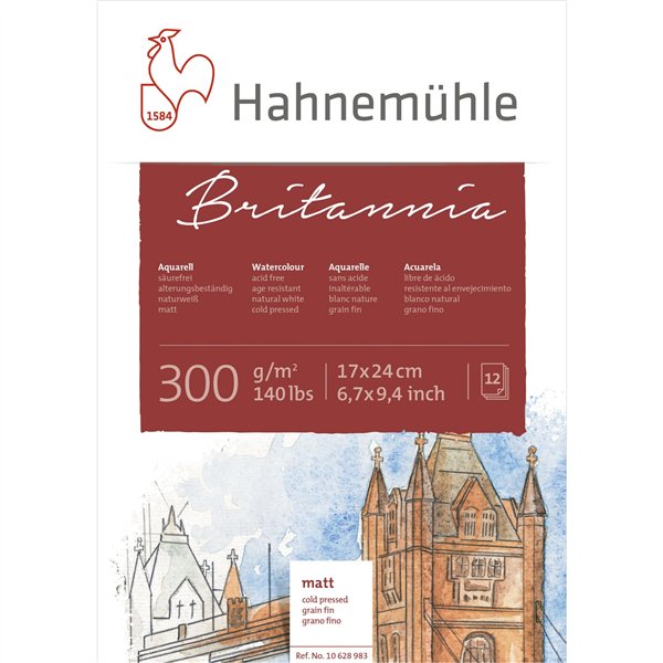 Hahnemühle blocco per acquerelli 12p.Britannia opaco 17x24cm 300g