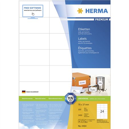 Herma Prem. etichette bian.70x37 100 fogli DIN A4 2400 pezzi 4464