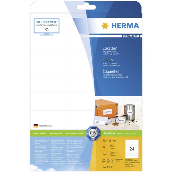 Herma Prem. etich. bianco 70x36 25 fogli A4 600 pezzi       4360