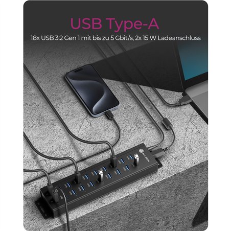 ICY BOX IB-HUB1720-U3 18+2 Port USB Hub, 96W Aliment.