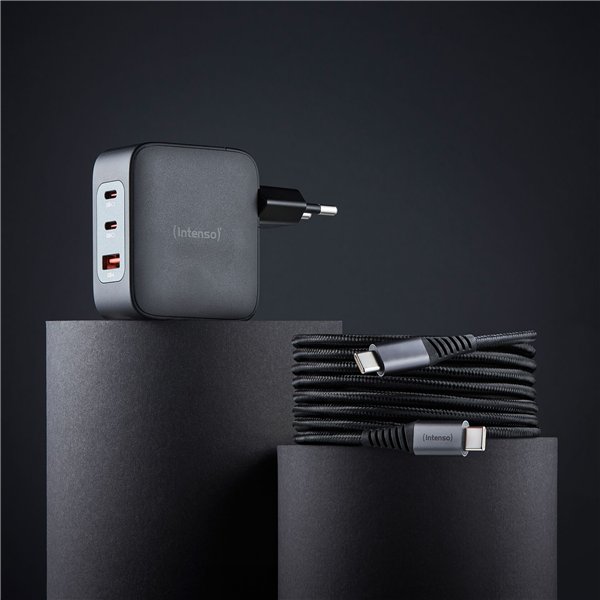 Intenso Power Adapter 100W   GaN 2x USB-C 1x USB-A inkl. Kabel 2m