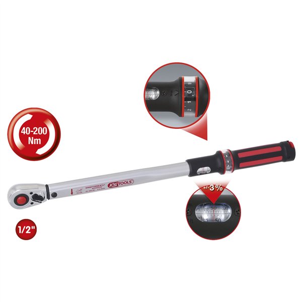 KS Tools 1/2  ERGOTORQUE40-200 rosso, Ratschen-Drehmomentschl.