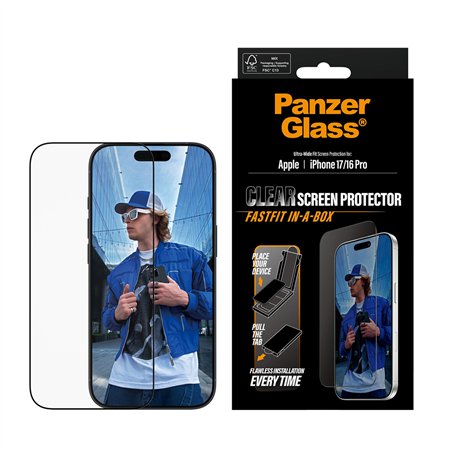 PanzerGlass iP 17 / 16 Pro UWF Fastfit con bordo nero