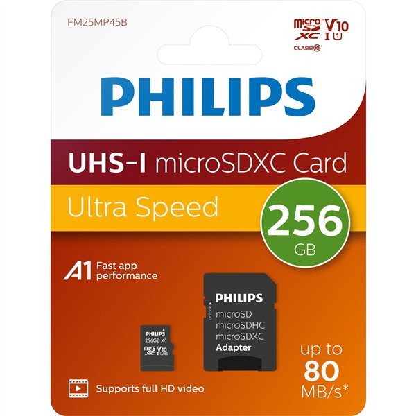 Philips MicroSDXC Card     256GB Class 10 UHS-I U1 incl. adatt.