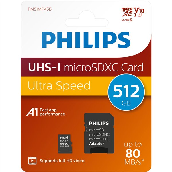 Philips MicroSDXC Card     512GB Class 10 UHS-I U1 incl. adatt.