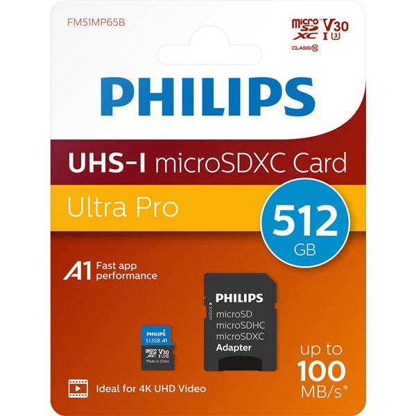 Philips MicroSDXC Card     512GB Class 10 UHS-I U3 incl. adatt.