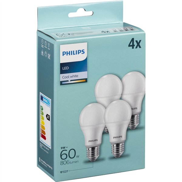 Philips LED lampadina E27 kit 4pz 60W 4000K