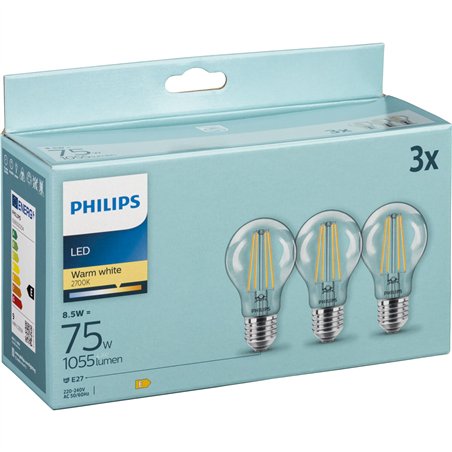 Philips LED lampadina E27 kit 3pz 75W 2700K Filament
