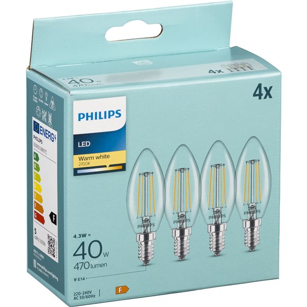 Philips LED lampadina E14 set 4p 40W 2700K Filament candela