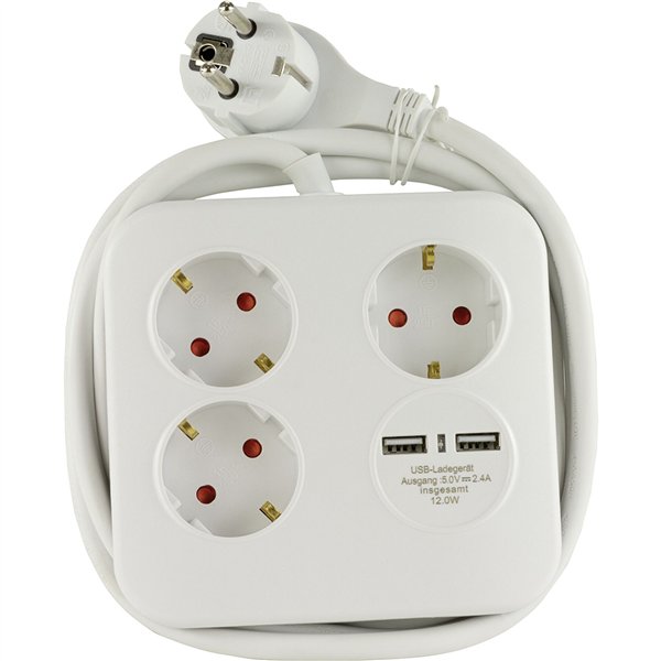 REV PowerQuad 3-fold Presa multipla + 2x USB bian.