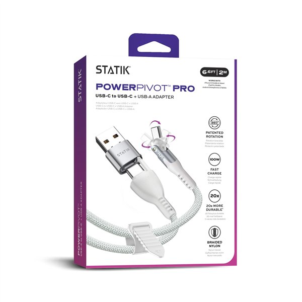 STATIK PowerPivot Pro rotating 2-in-1 USB-C Cable White 2m