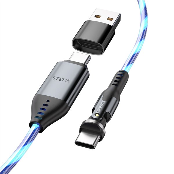 STATIK PowerPivot Pro rotating 2-in-1 USB-C Cable Blue Glow 2m