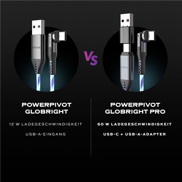 STATIK PowerPivot Pro rotating 2-in-1 USB-C Cable Blue Glow 2m