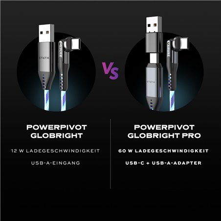 STATIK PowerPivot Pro rotating 2-in-1 USB-C Cable Blue Glow 2m