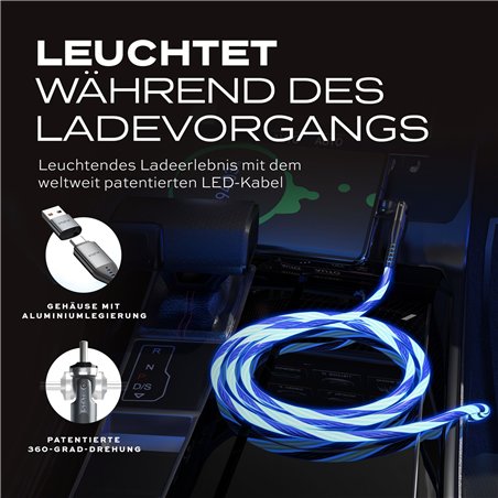 STATIK PowerPivot Pro rotating 2-in-1 USB-C Cable Blue Glow 2m