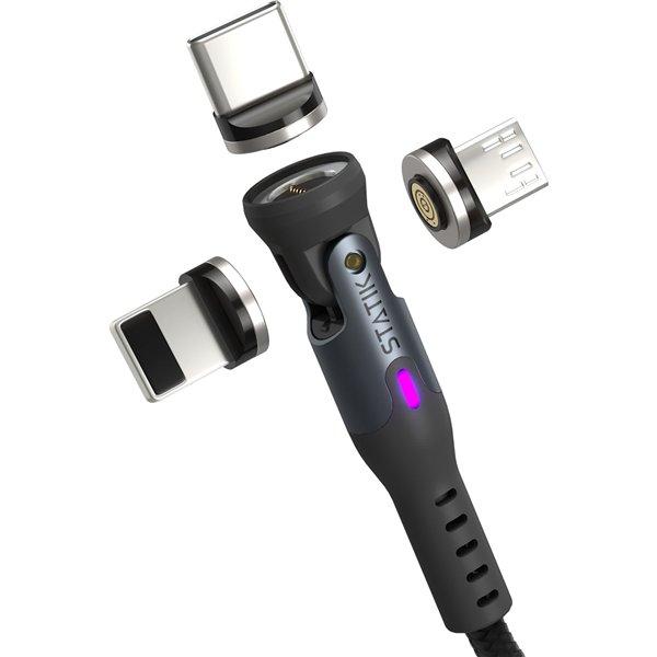 STATIK 360Pro braided rotating 3 magn. tips 6-in-1 Cable Black 2m