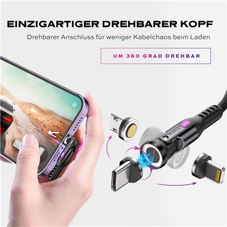 STATIK 360Pro braided rotating 3 magn. tips 6-in-1 Cable Black 2m