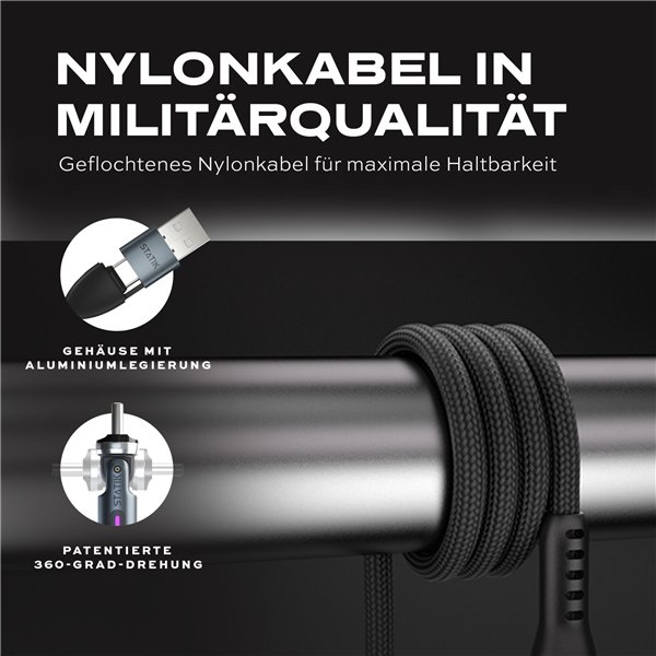 STATIK 360Pro braided rotating 3 magn. tips 6-in-1 Cable Black 2m