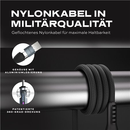 STATIK 360Pro braided rotating 3 magn. tips 6-in-1 Cable Black 2m