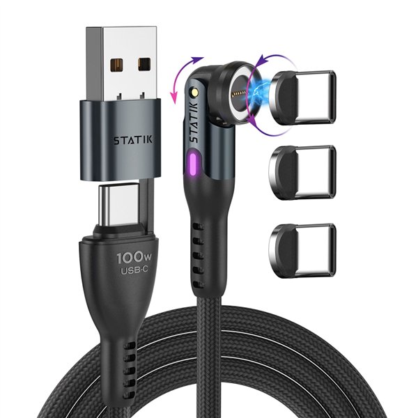STATIK 360Pro braided rotating 3 magn. tips USB-C Cable Black 2m