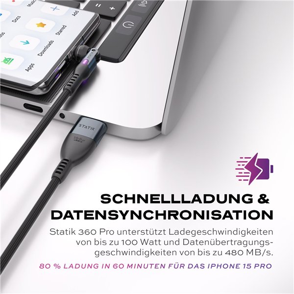 STATIK 360Pro braided rotating 3 magn. tips USB-C Cable Black 2m