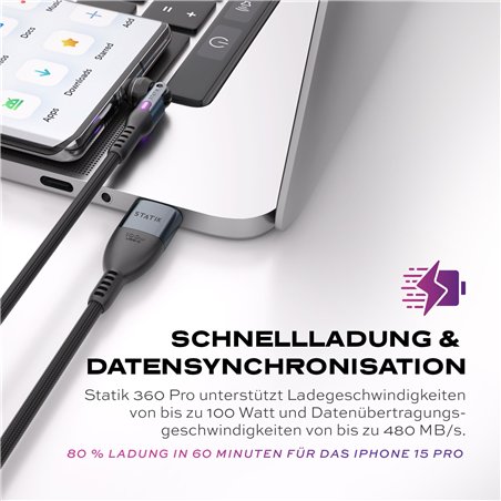 STATIK 360Pro braided rotating 3 magn. tips USB-C Cable Black 2m