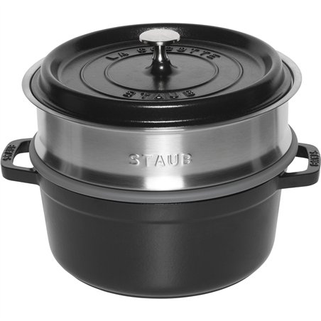 Staub La Cocotte 24cm rotondo, con cestello vapore, nero