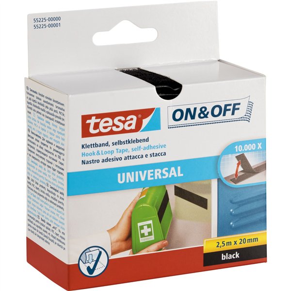 Tesa nastro velcro 2,5m x 20mm on&off nero 55225