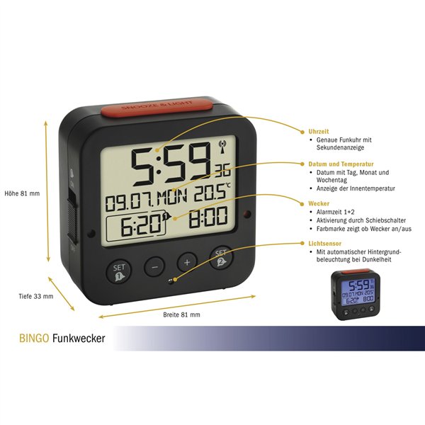TFA 60.2528.01 Bingo nero radio sveglia con temperatura