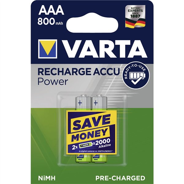 1x2 Varta Rechargeable Accu AAA Ready2Use NiMH 800 mAH Micro