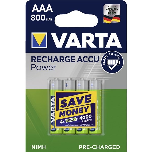1x4 Varta Rechargeable Accu AAA Ready2Use NiMH 800 mAH Micro