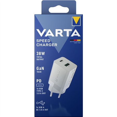 Varta Speed Charger 38W GaN PD USB-C 20W + USB-A 18W, bianco