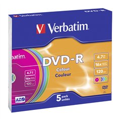 1x5 Verbatim DVD-R 4,7GB Colour 16x Speed, Slim custodia