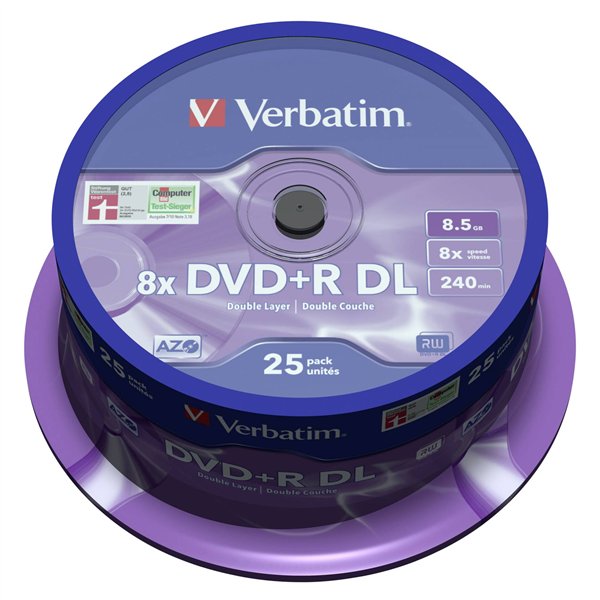 1x25 Verbatim DVD+R Double Layer 8x Speed, 8,5GB opaco argento