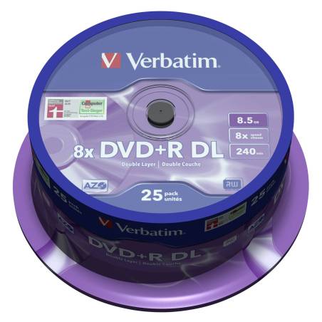 1x25 Verbatim DVD+R Double Layer 8x Speed, 8,5GB opaco argento