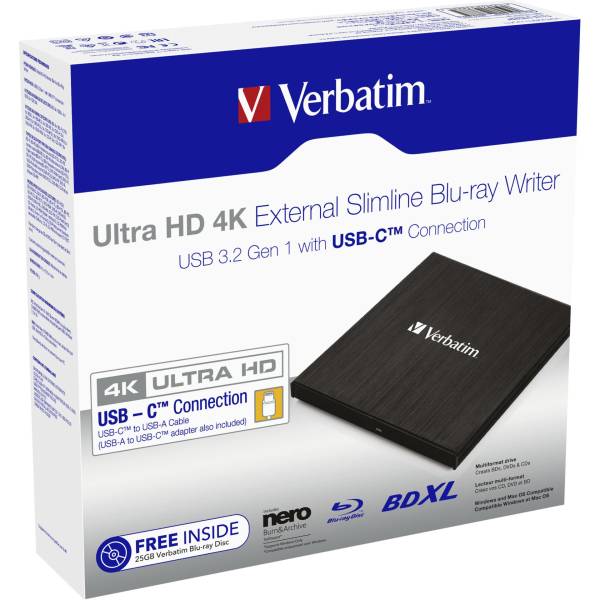 Verbatim Slimline Blu-ray Writer USB 3.1 GEN 1 USB-C Ultra HD 4K