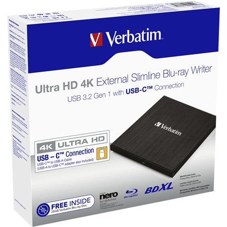 Verbatim Slimline Blu-ray Writer USB 3.1 GEN 1 USB-C Ultra HD 4K