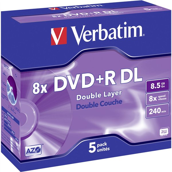 1x5 Verbatim DVD+R Double Layer 8x Speed, Jewel custodia 8,5GB